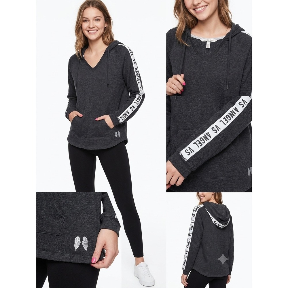 Victoria's Secret Angel Hoodie Charcoal Gray V-Neck Logo Tape Pullover Womens S